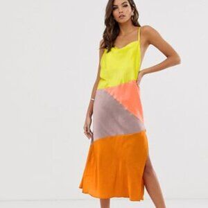 ASOS DESIGN midi slip dress in satin color block Size 4